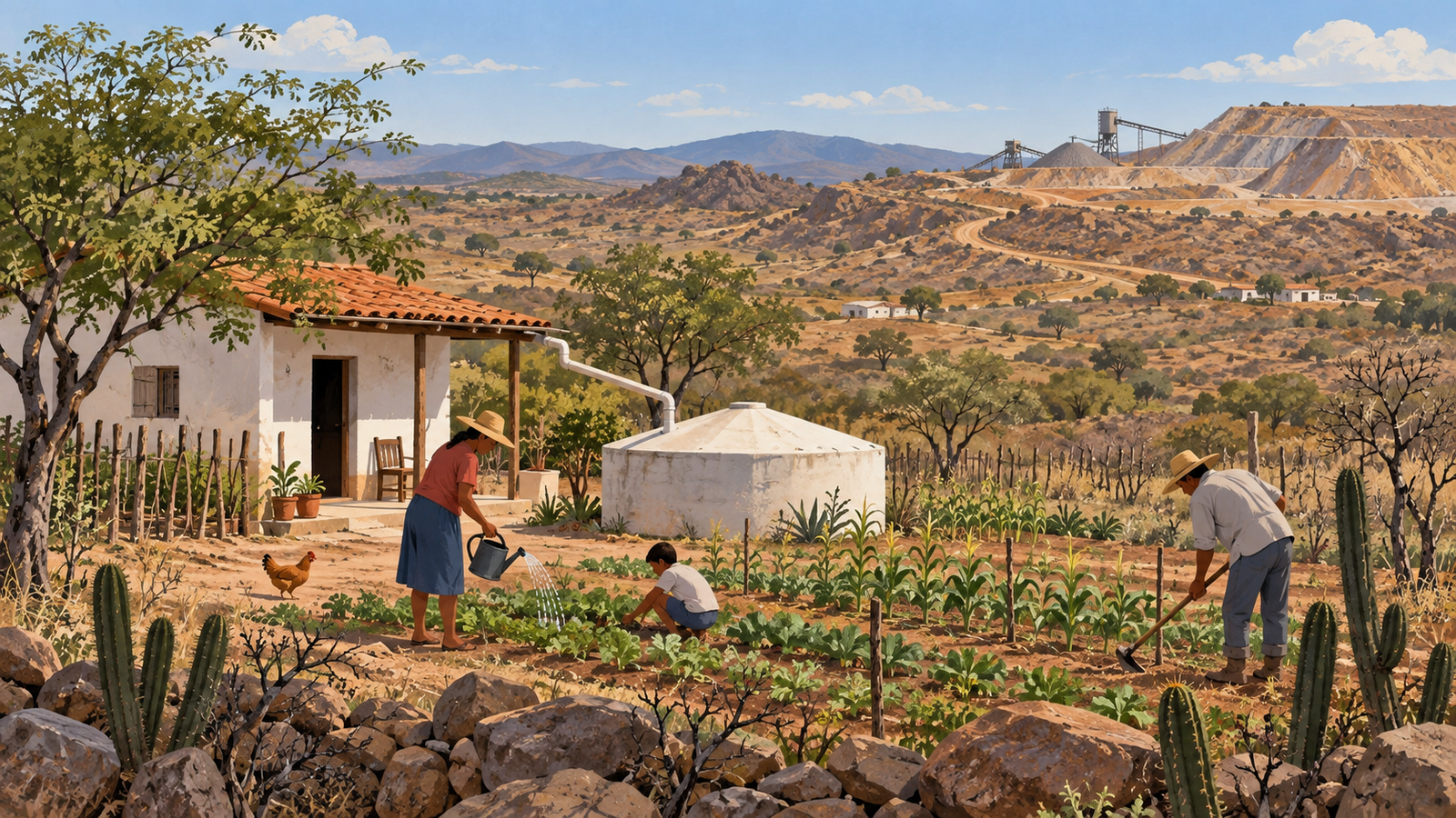 Ilustração de paisagem genérica do Seridó com três trabalhadores rurais, casa, cisterna, cultivo familiar e atividade minerária ao fundo; não retrata as comunidades, a mina ou danos reais